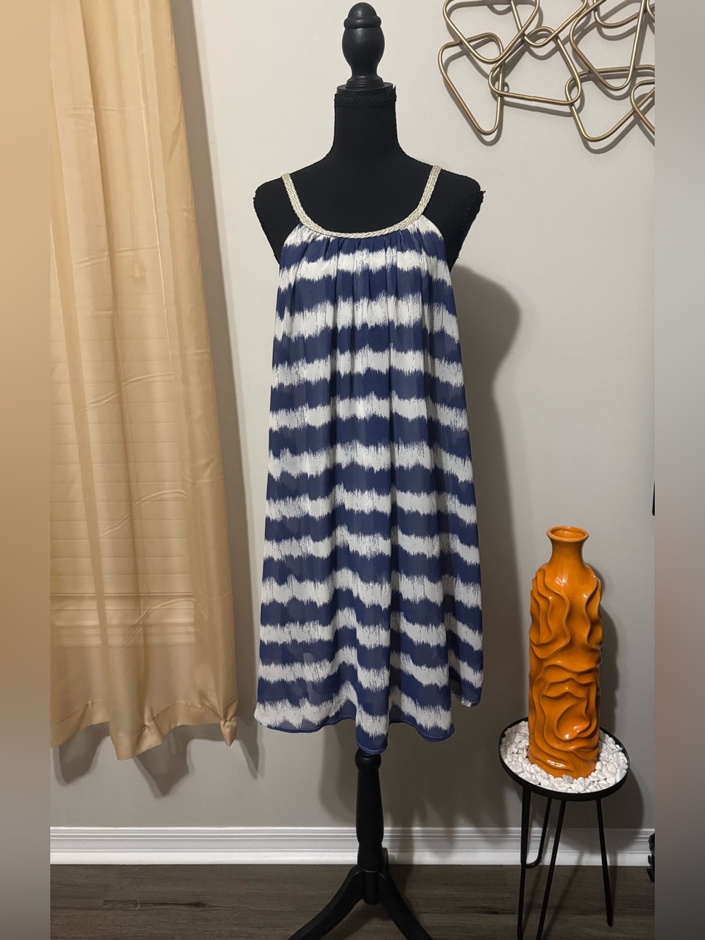 Charming Charlie Navy and White Tie-Dye Mini Dress with braided gold straps
